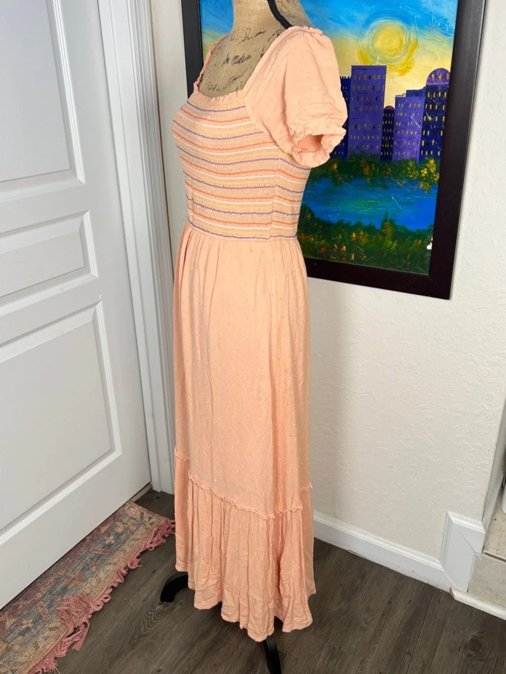 Peach Smocked Maxi Dress with Puff Sleeves - Picture 5 of 6